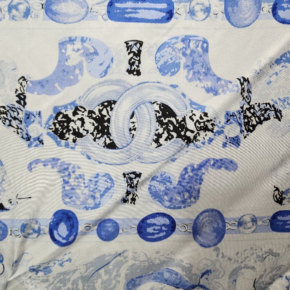 Chanel CC 100%‎ Silk Square Scarf Stole White Blue Women's Rare Italy NWT - Picture 3 of 16